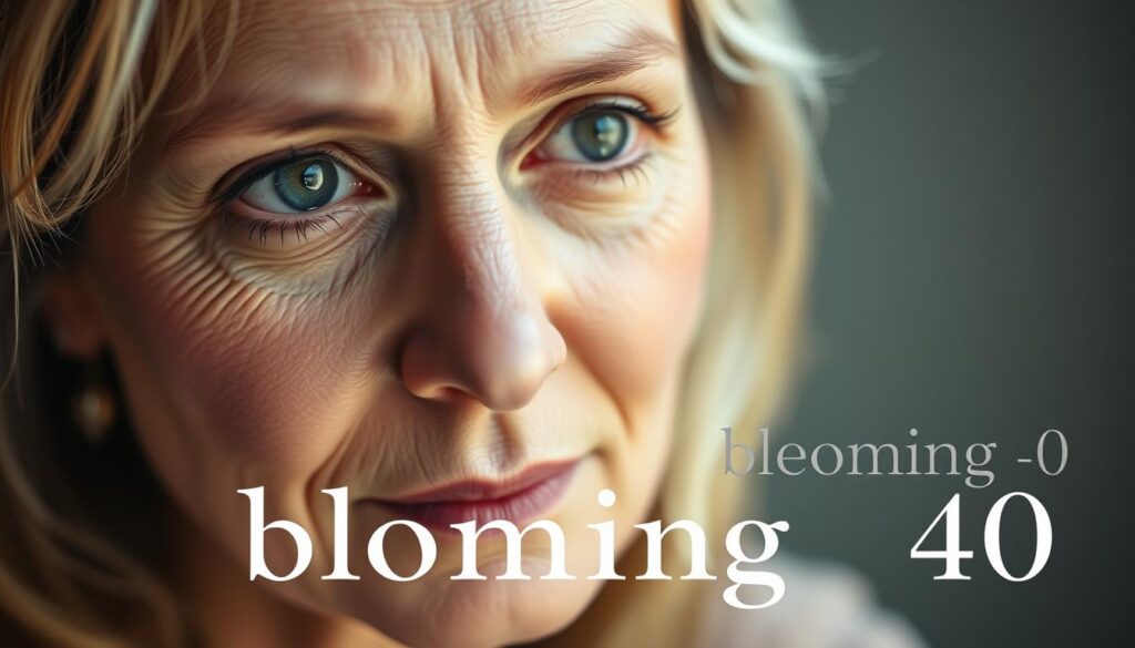 Detailed close-up portrait of a woman in her 40s, with soft lighting highlighting her facial features. The expression conveys a sense of reflection and introspection, as she navigates the hormonal changes of midlife. The background is blurred, placing the focus on her face and eyes. The color palette is muted, with warm tones to create a calming, introspective mood. The text "blooming 40" is subtly integrated into the image, capturing the resilience and empowerment of women during this transformative stage of life.